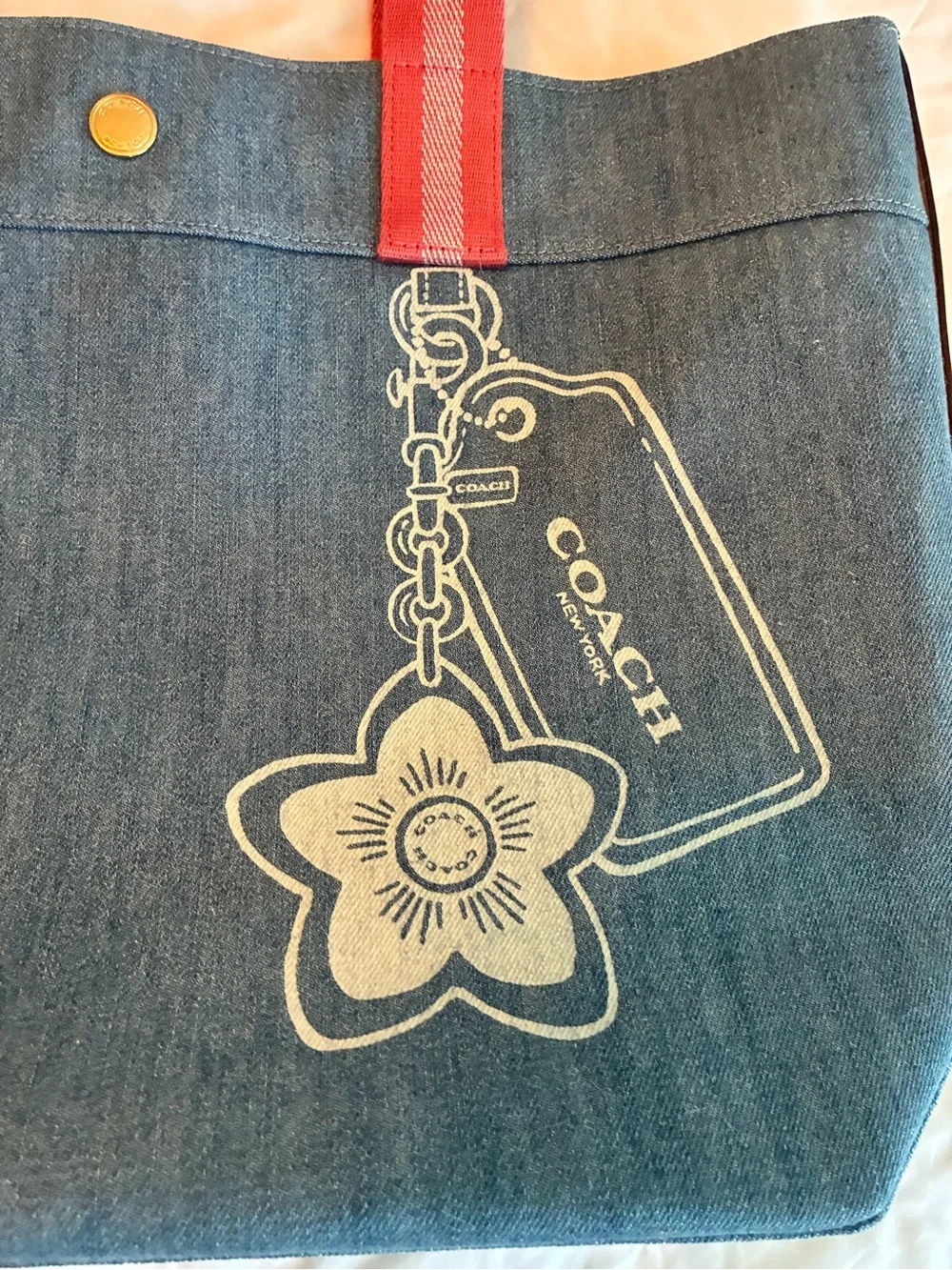Coach Denim Tote with Pink Striped Straps